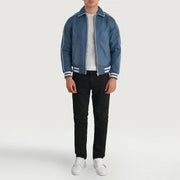 Cooper أزرق Leather Varsity جاكيت جلد رجالي - Lateral Side Profile View Showing Sleeve Cut &amp; Athletic Taper Fit