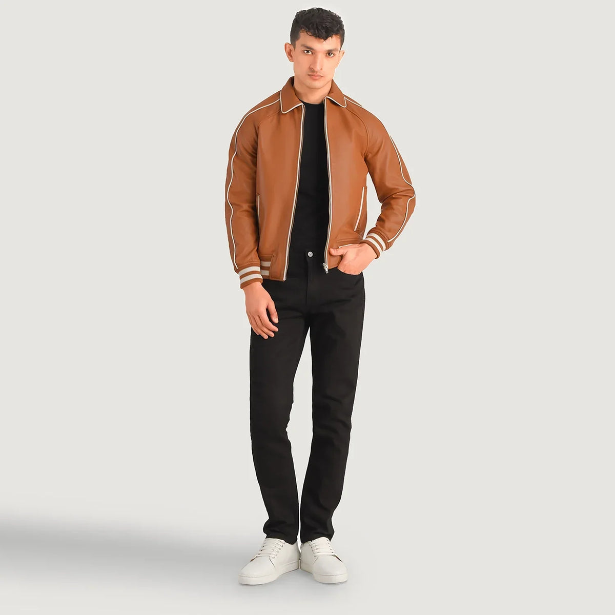 Cooper بيج بني Leather Varsity جاكيت جلد رجالي in Tan Brown Sheepskin Leather - Front Profile View &amp; Tailored Silhouette | Buy Online