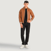 Cooper بيج بني Leather Varsity جاكيت جلد رجالي in Tan Brown Sheepskin Leather - Front Profile View &amp; Tailored Silhouette | Buy Online