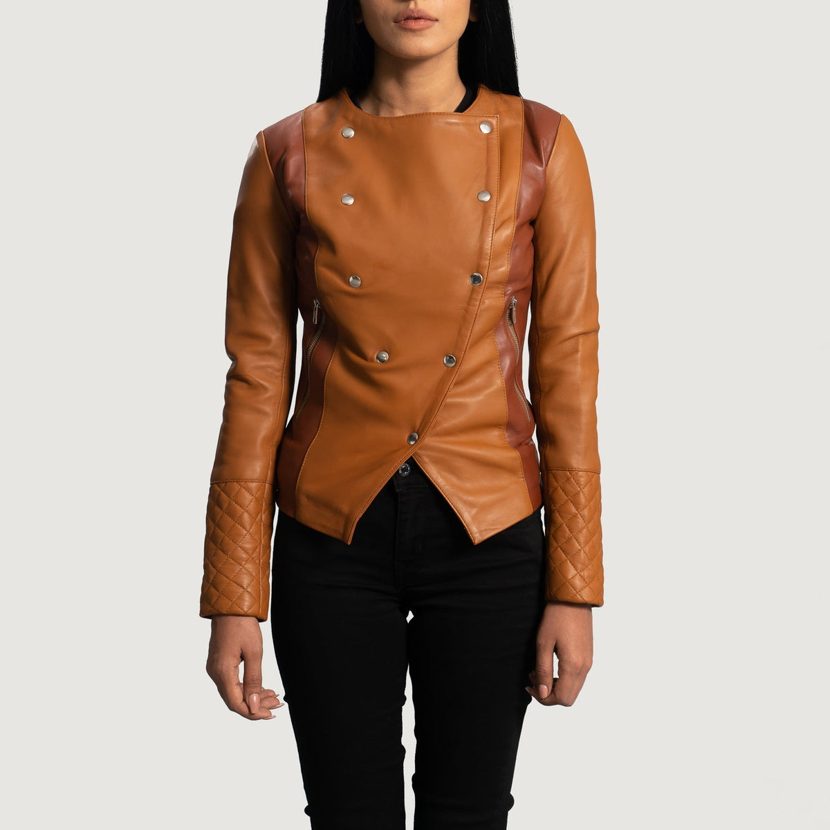Women's County بيج Overlap جاكيت جلد نسائي in Tan Brown Sheepskin Leather - Front Profile View &amp; Tailored Silhouette | Buy Online