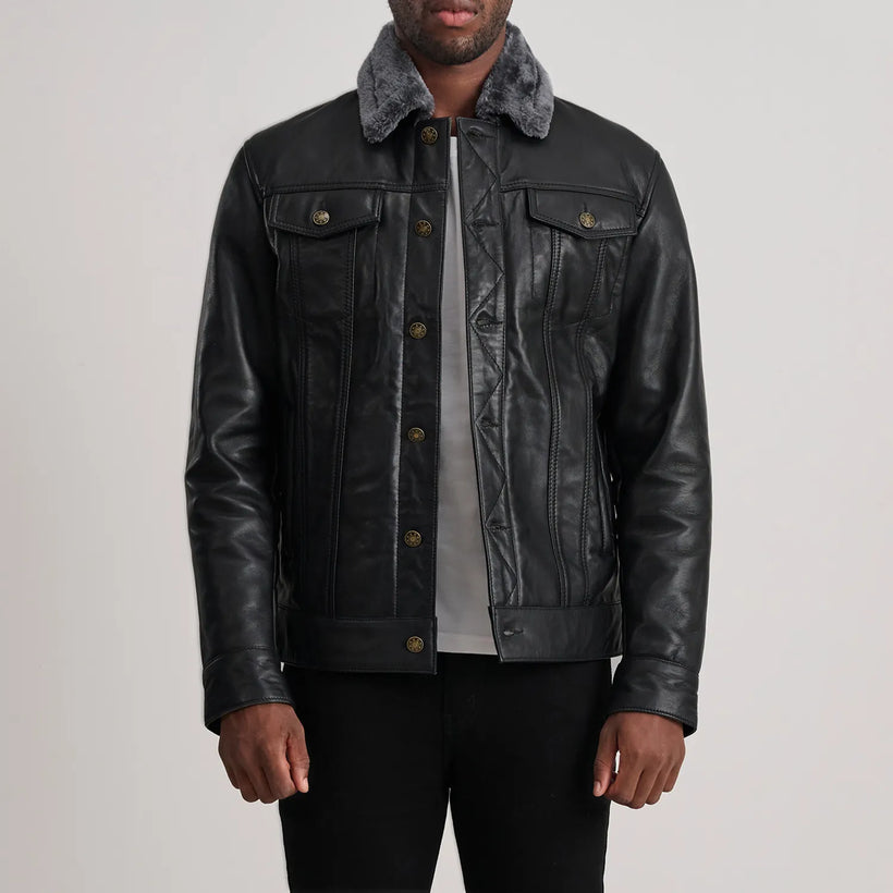 Dallis أسود Leather Shearling Trucker جاكيت جلد رجالي