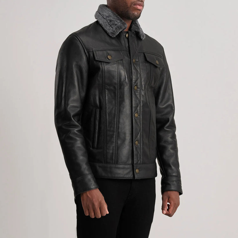 Dallis أسود Leather Shearling Trucker جاكيت جلد رجالي