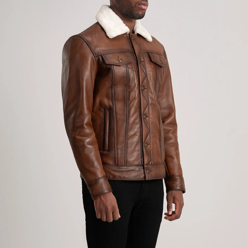 Dallis بني Leather Shearling Trucker جاكيت جلد رجالي