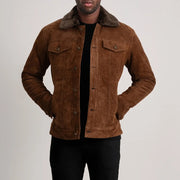 Dallis بني Suede Shearling Trucker جاكيت جلد رجالي in Brown Goatskin Suede - Front Profile View &amp; Tailored Silhouette | Buy Online