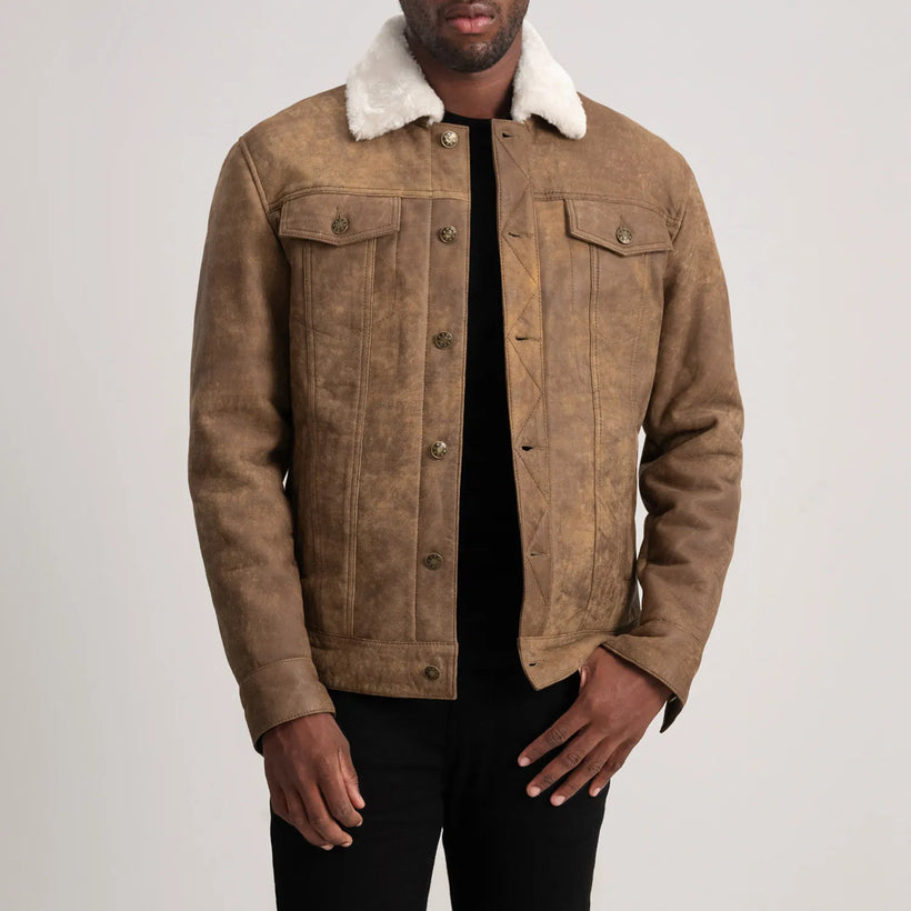 Dallis Distressed بني Leather Shearling Trucker جاكيت جلد رجالي