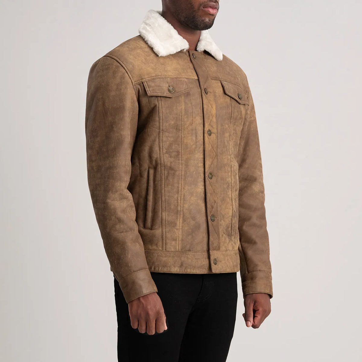 Distressed Brown Sheepskin Snuffed Aviator Jacket - Back View Showing Tailored Shoulder Fit &amp; Clean Hemline