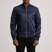 Danson مبطن أزرق Varsity جاكيت جلد رجالي in Blue Satin - Front Profile View &amp; Tailored Silhouette | Buy Online