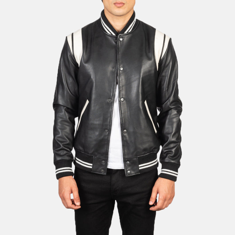 Dantee أسود Leather Varsity جاكيت جلد رجالي