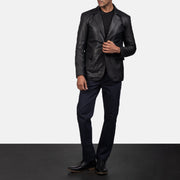 Men's Daron أسود بليزر جلد رجالي - Lateral Side Profile View Showing Sleeve Cut &amp; Athletic Taper Fit