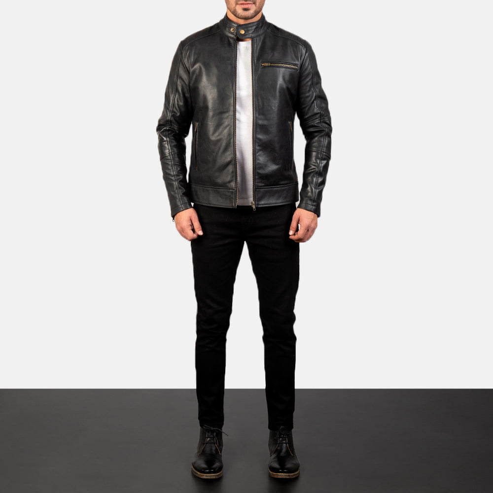 Dean أسود جاكيت بايكر جلد رجالي - Lateral Side Profile View Showing Sleeve Cut &amp; Athletic Taper Fit