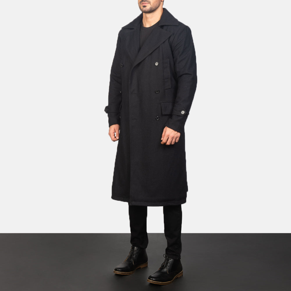 
Black Synthetic Wool Trench Coat - عرض خلفي يوضح تفصيل الأكتاف المتقن والحاشية النظيفة