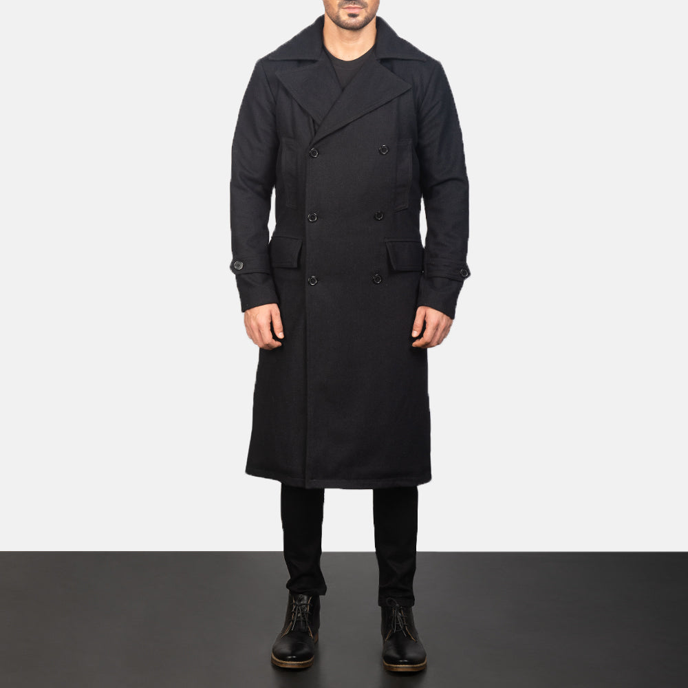 
تفاصيل مقربة of Notch & Button Hardware on Detective أسود Wool معطف جلد فاخر رجالي