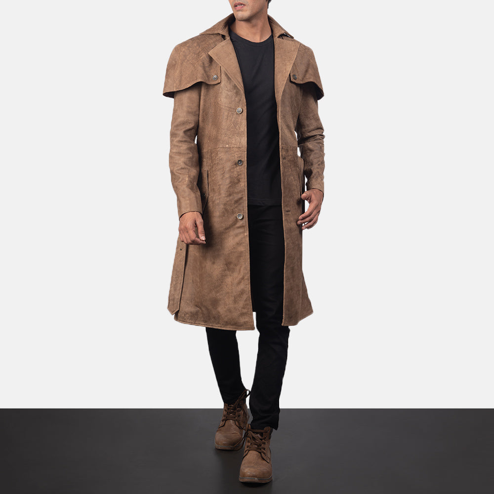 Men's Deux بني Leather Duster رجالي in Distressed Brown Semi-Aniline Snuffed - Front Profile View &amp; Tailored Silhouette | Buy Online