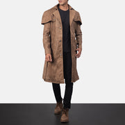 Men's Deux بني Leather Duster رجالي in Distressed Brown Semi-Aniline Snuffed - Front Profile View &amp; Tailored Silhouette | Buy Online