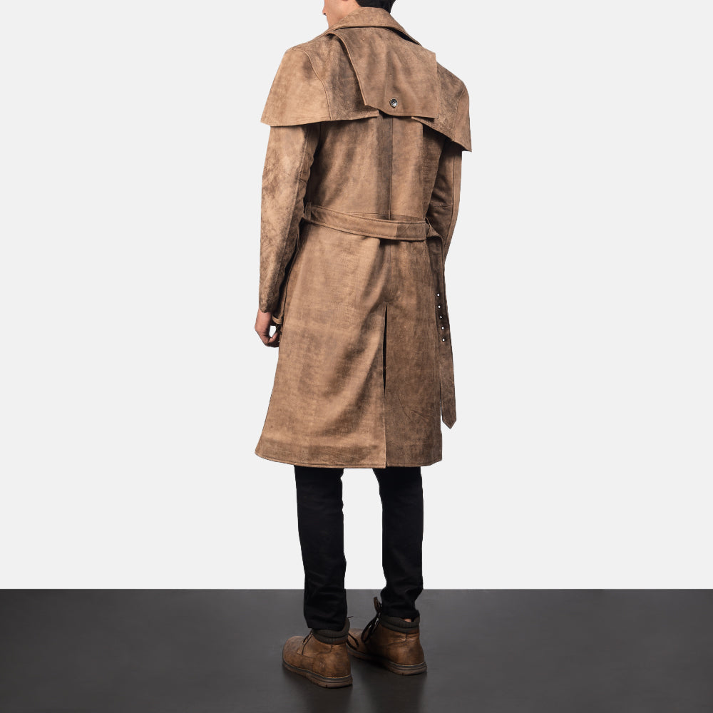 Men's Deux بني Leather Duster رجالي - Lateral Side Profile View Showing Sleeve Cut &amp; Athletic Taper Fit