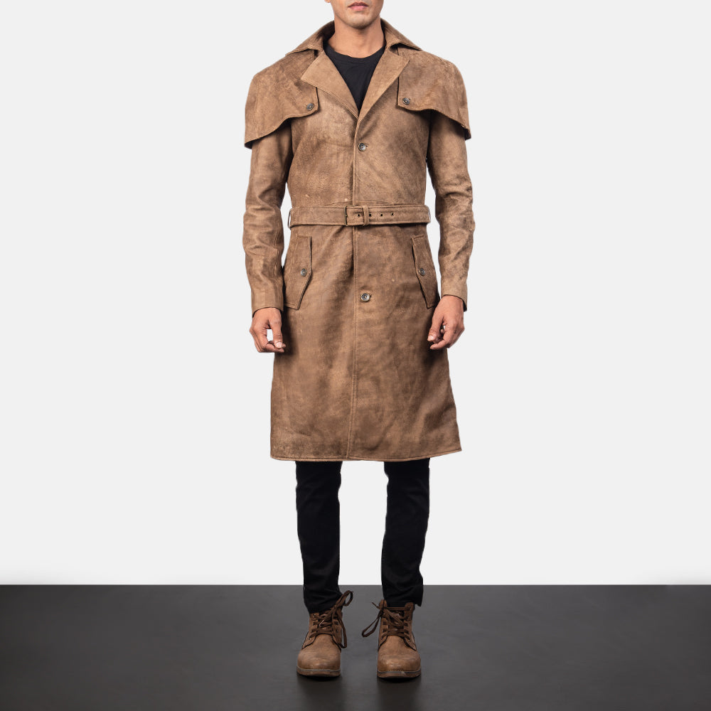 Close-Up Detail of Classic Collar &amp; Buttons + Belt Hardware on Men's Deux بني Leather Duster رجالي