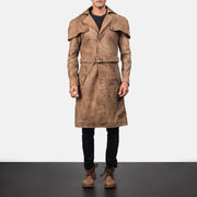 Close-Up Detail of Classic Collar &amp; Buttons + Belt Hardware on Men's Deux بني Leather Duster رجالي