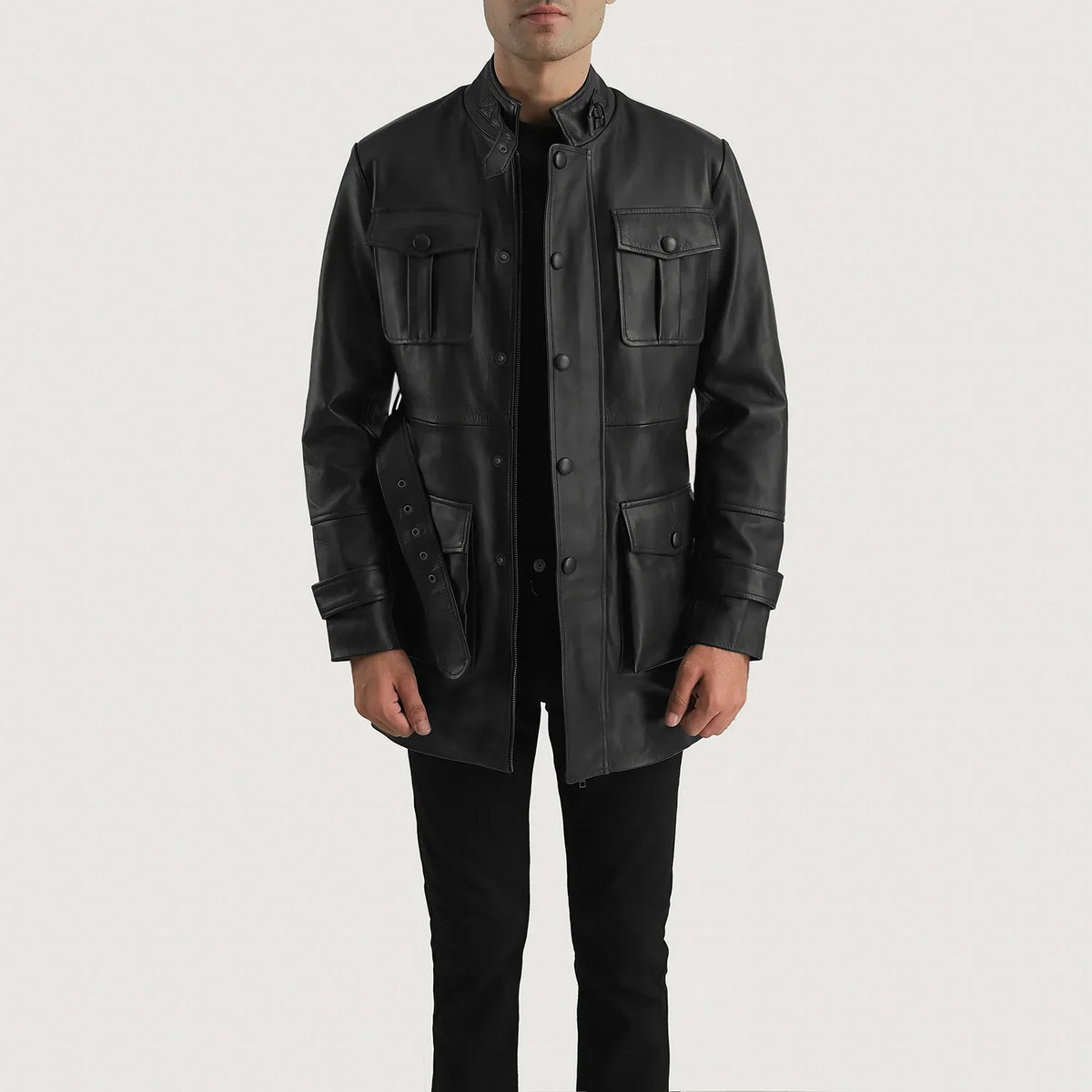 Dolf أسود جاكيت جلد رجالي in Black Cowhide Leather - Front Profile View &amp; Tailored Silhouette | Buy Online
