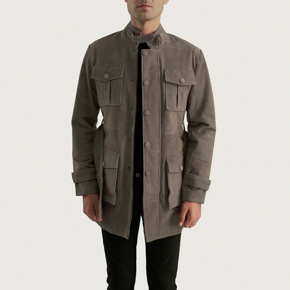 Dolf Grey جاكيت شمواه طبيعي رجالي in Grey Cowhide Suede - Front Profile View &amp; Tailored Silhouette | Buy Online