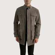 Dolf Grey جاكيت شمواه طبيعي رجالي in Grey Cowhide Suede - Front Profile View &amp; Tailored Silhouette | Buy Online