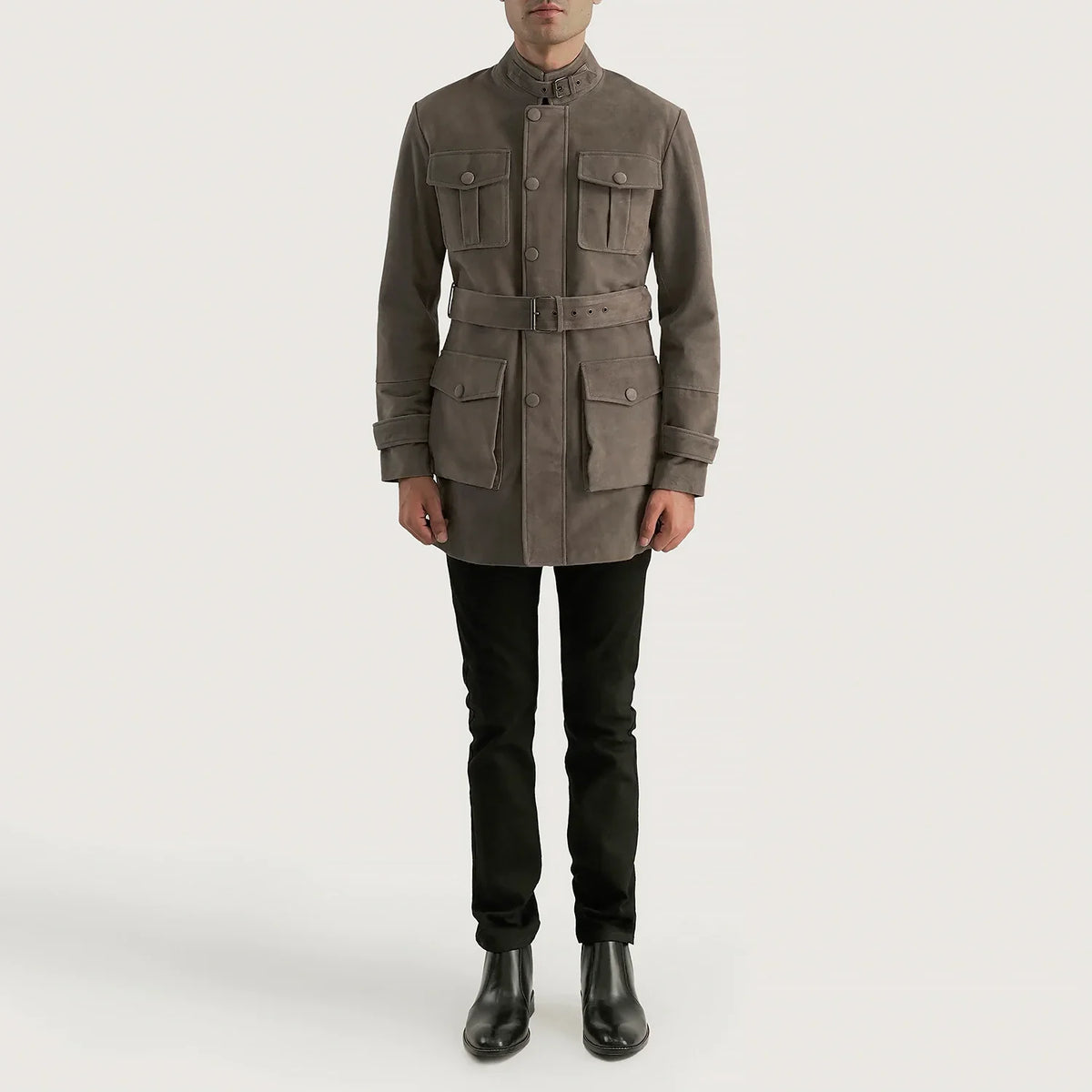 Dolf Grey جاكيت شمواه طبيعي رجالي - Lateral Side Profile View Showing Sleeve Cut &amp; Athletic Taper Fit