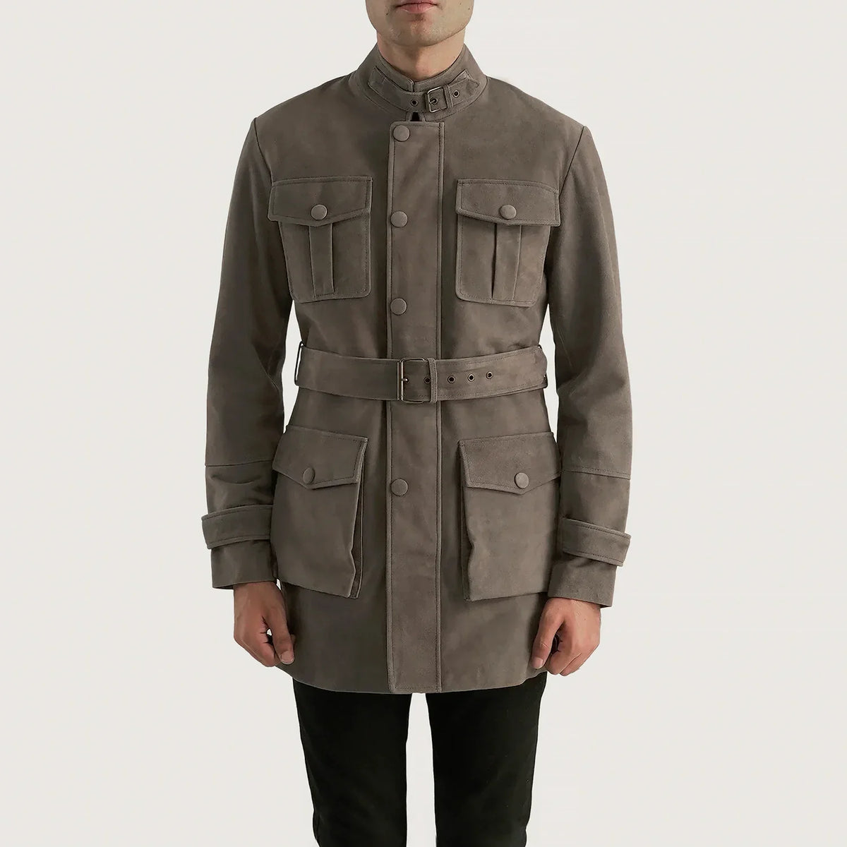 Close-Up Detail of High neck with Belt &amp; Snap button Hardware on Dolf Grey جاكيت شمواه طبيعي رجالي