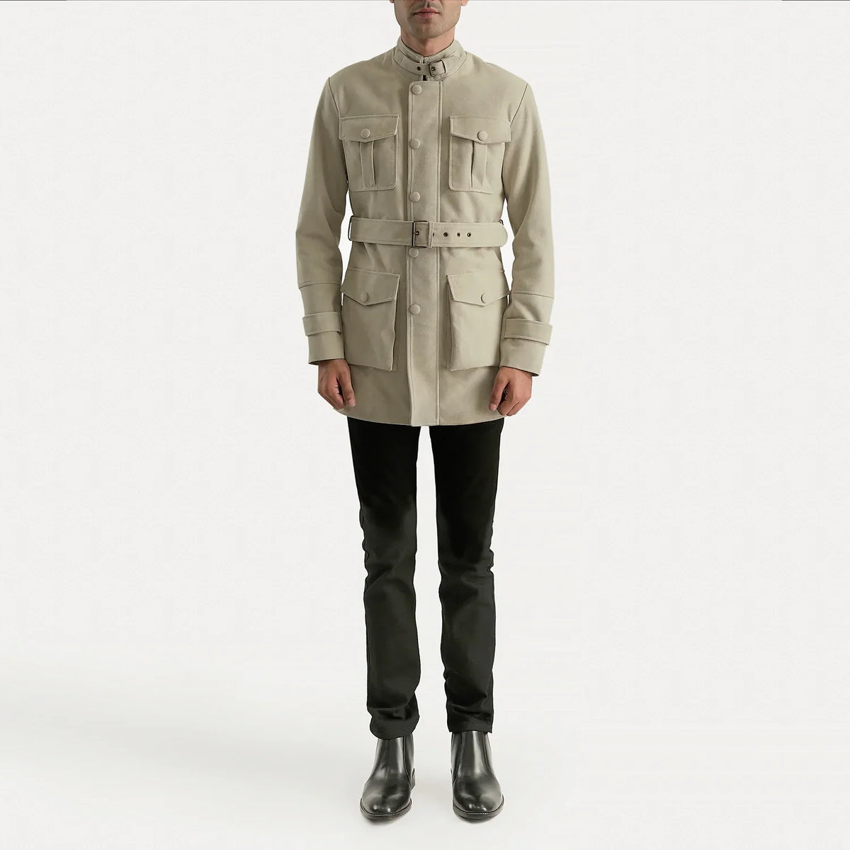 Dolf Off-White جاكيت شمواه طبيعي رجالي - Lateral Side Profile View Showing Sleeve Cut &amp; Athletic Taper Fit