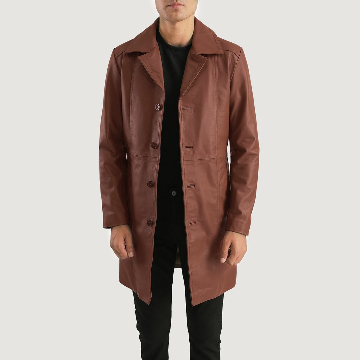 Don Long بني معطف جلد رجالي in Brown Cowhide Leather - Front Profile View &amp; Tailored Silhouette | Buy Online