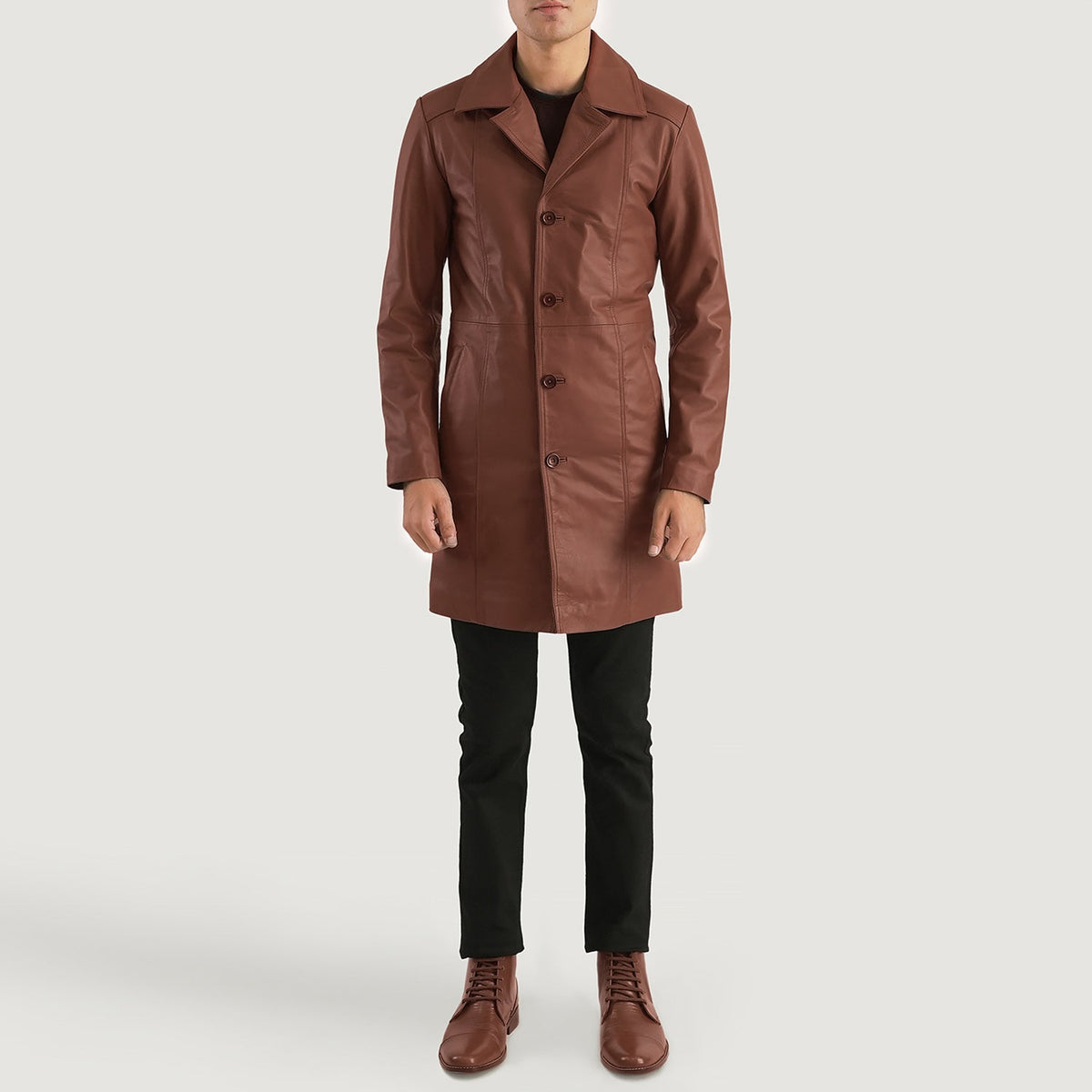 Don Long بني معطف جلد رجالي - Lateral Side Profile View Showing Sleeve Cut &amp; Athletic Taper Fit