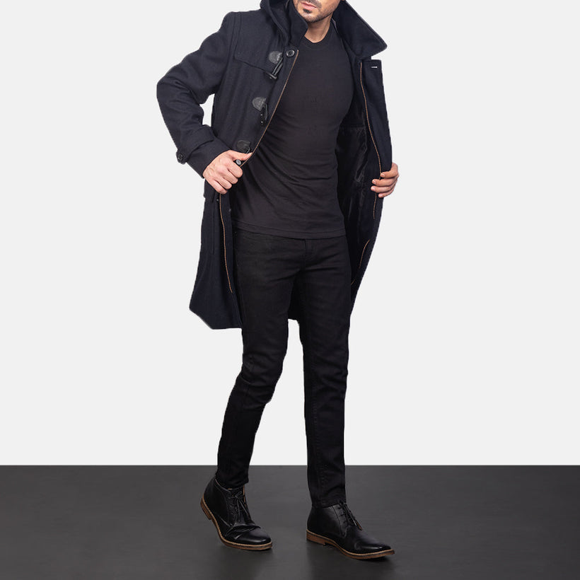 Drake أسود Wool Hooded Duffle معطف جلد رجالي