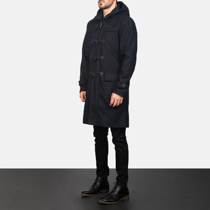 Drake أسود Wool Hooded Duffle معطف جلد رجالي