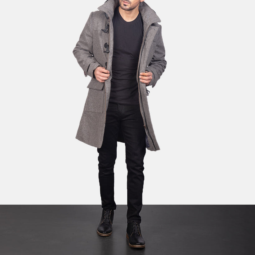 Drake Grey Wool Hooded Duffle معطف جلد رجالي