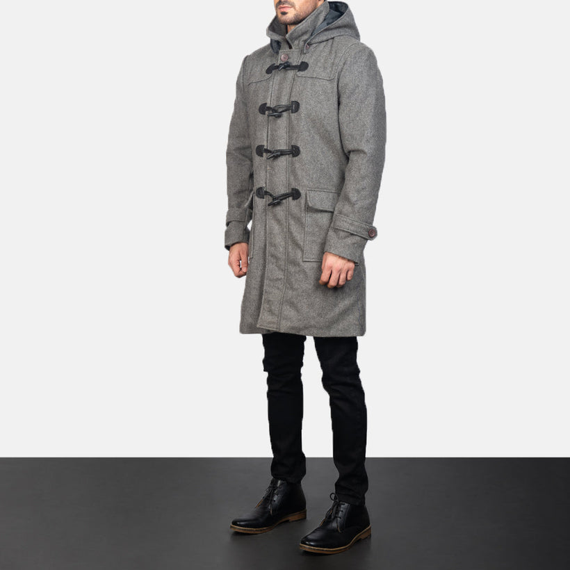 Drake Grey Wool Hooded Duffle معطف جلد رجالي