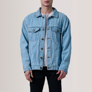 Eddie Light أزرق Oversized Denim Trucker جاكيت جلد رجالي For Men in Light Blue Full-Grain Leather - Front Profile View &amp; Tailored Silhouette | Buy Online