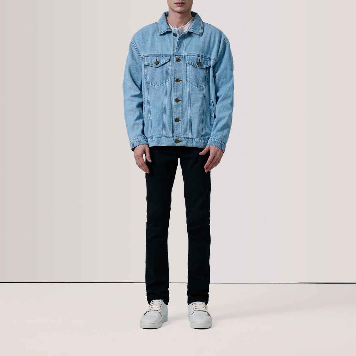 Light Blue Full-Grain leather Jacket - Back View Showing Tailored Shoulder Fit &amp; Clean Hemline