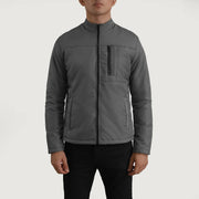 Close-Up Detail of Classic Collar &amp; Zipper Hardware on Elliot Grey Lightweight جاكيت جلد رجالي