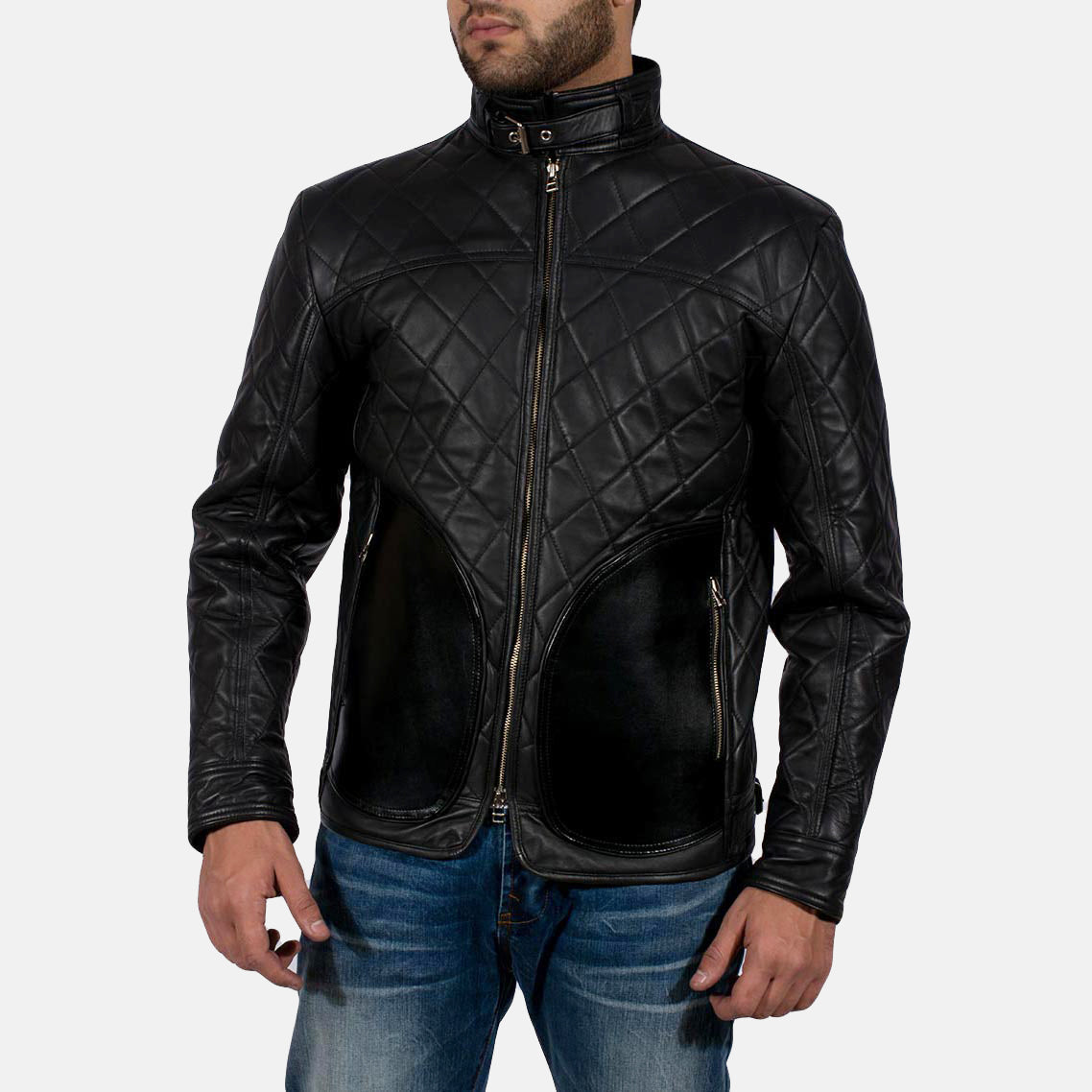 Equilibrium أسود جاكيت جلد رجالي in Black Sheepskin Leather - Front Profile View &amp; Tailored Silhouette | Buy Online