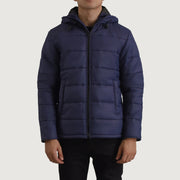 Erico أزرق Hooded Puffer جاكيت جلد رجالي in Blue Full-Grain Leather - Front Profile View &amp; Tailored Silhouette | Buy Online
