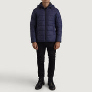 Erico أزرق Hooded Puffer جاكيت جلد رجالي - Lateral Side Profile View Showing Sleeve Cut &amp; Athletic Taper Fit