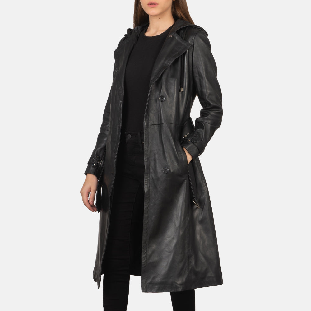 Fixon Hooded Black Trench Coat in Black Sheepskin Leather - عرض أمامي وقَصّة مفصلة أنيقة | شراء أونلاين عبر المتجر الرسمي
