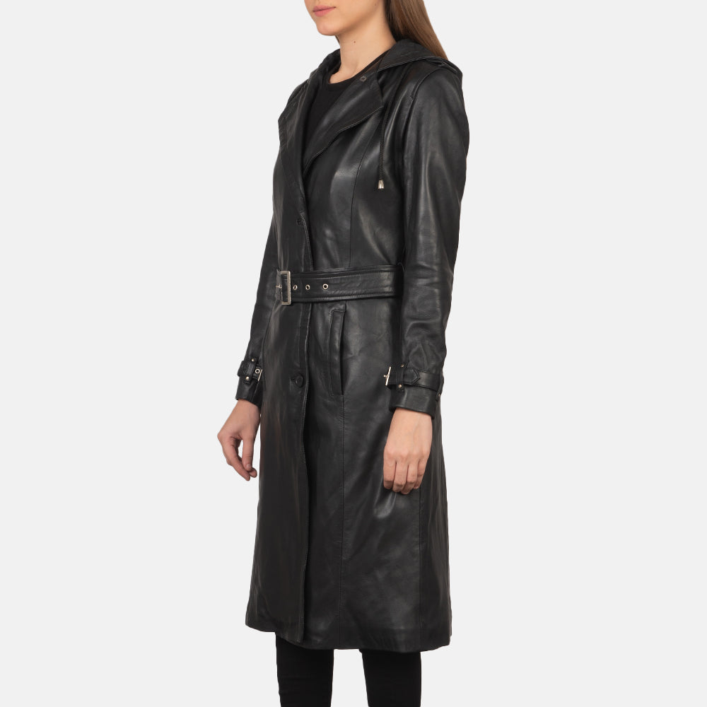 تفاصيل مقربة of Hooded & Button + Belt Hardware on Fixon Hooded Black Trench Coat