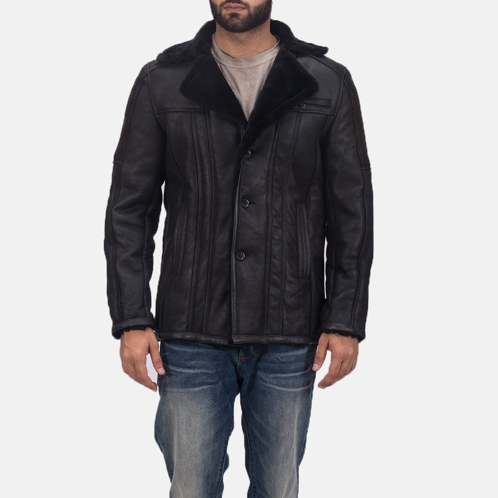 Men's Furcliff Double Face Shearling معطف جلد رجالي - Lateral Side Profile View Showing Sleeve Cut &amp; Athletic Taper Fit