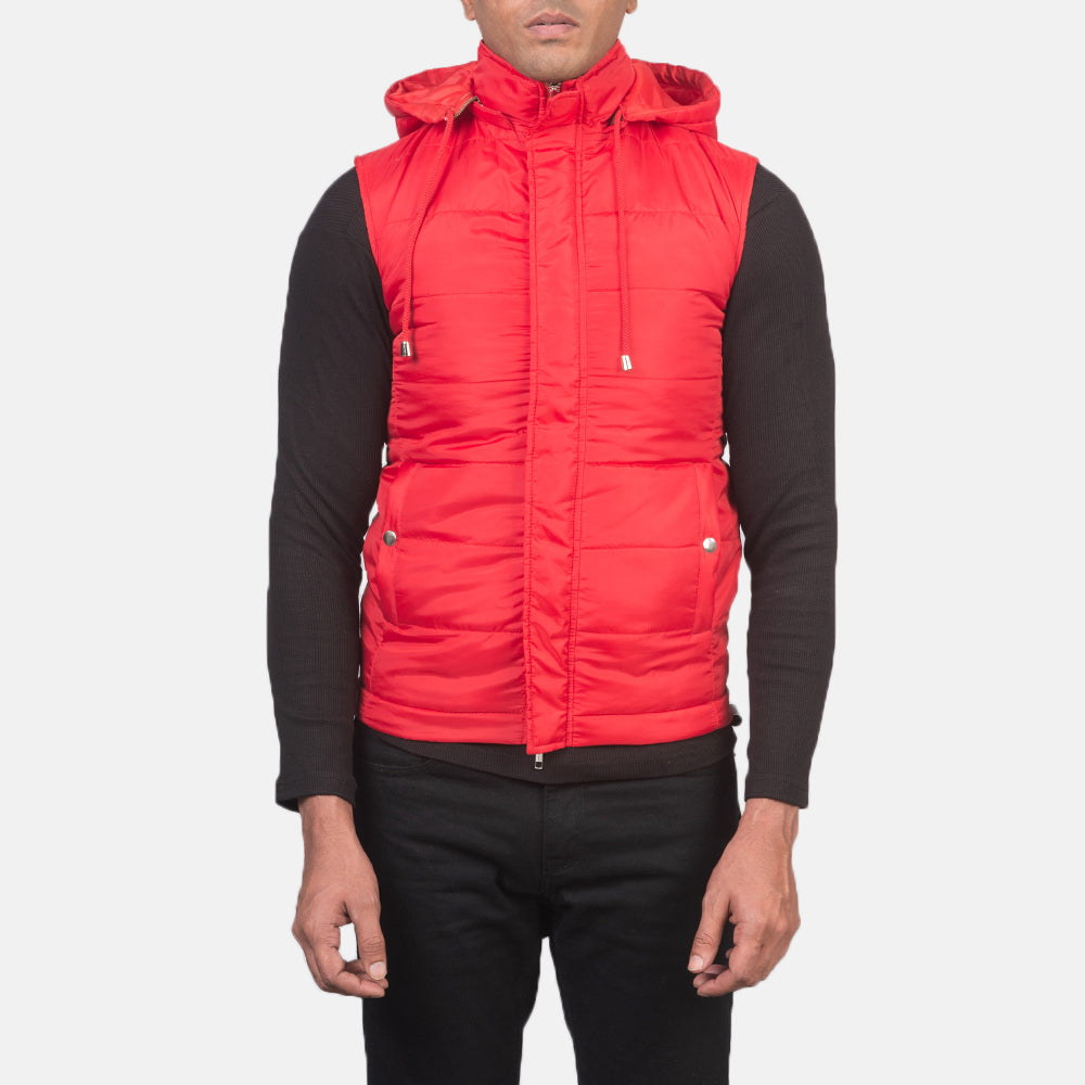 
تفاصيل مقربة of Band with Removable Hood & Zipper with dual puller and wind flap Hardware on Fuston أحمر صدرية مبطنة بغطاء رأس رجالي