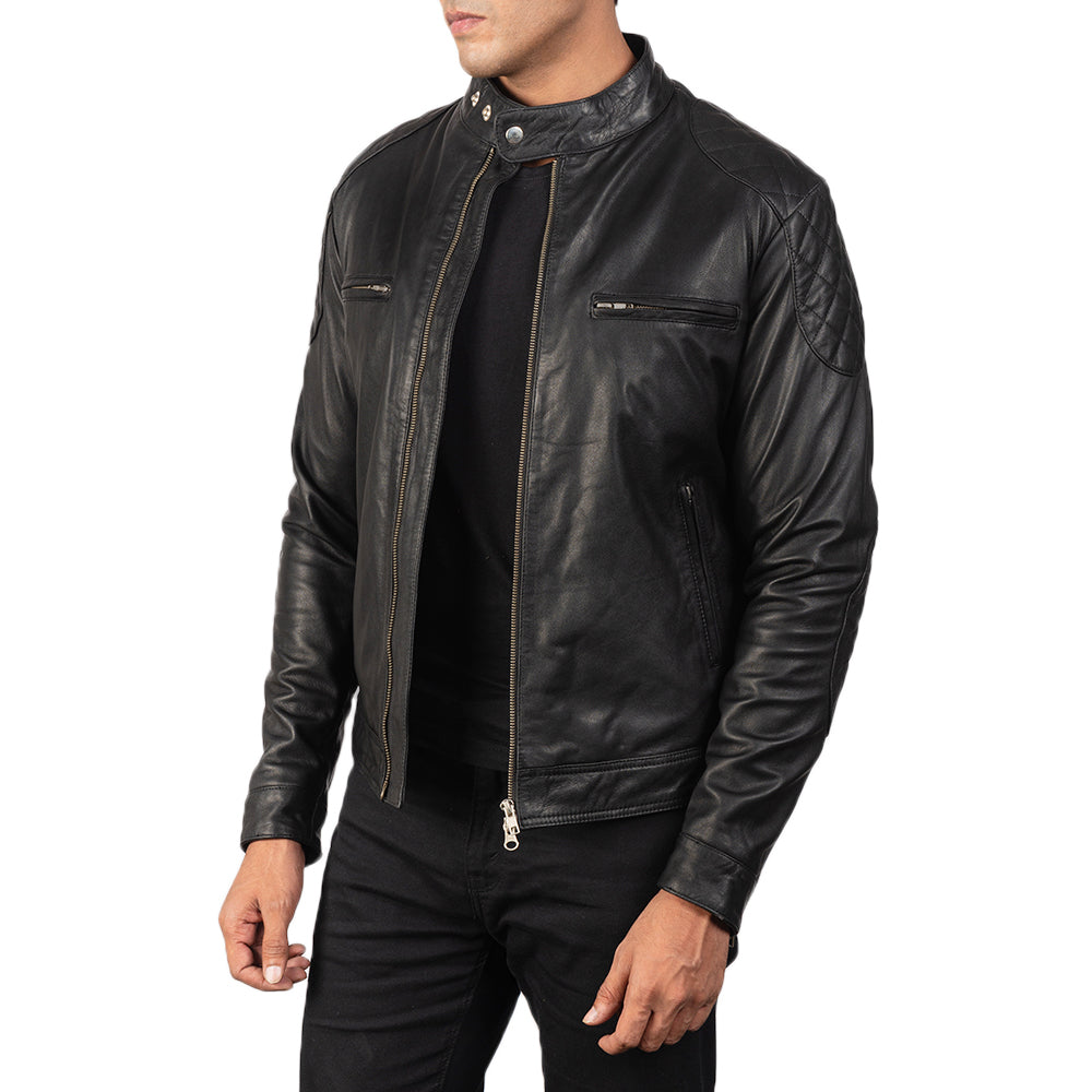 
Black Goatskin Leather Biker Jacket - عرض خلفي يوضح تفصيل الأكتاف المتقن والحاشية النظيفة