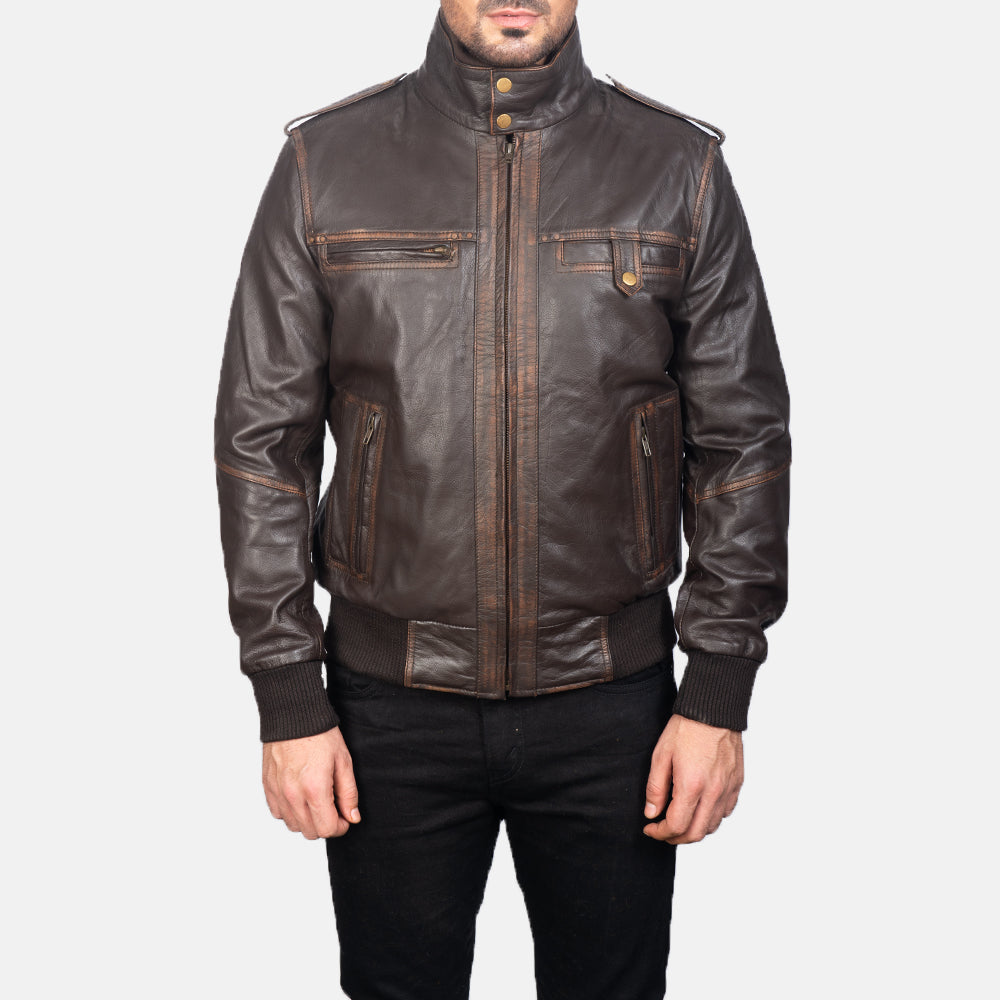Close-Up Detail of High neck &amp; Zipper Hardware on Men's Street Brown Leather Bomber Jacket