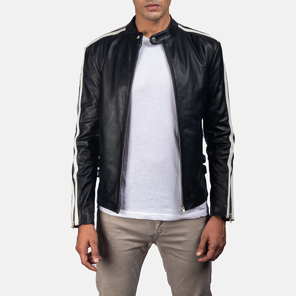 
Hank أسود جاكيت بايكر جلد طبيعي رجالي in Black & White Cowhide Leather - عرض أمامي وقَصّة مفصلة أنيقة | شراء أونلاين عبر المتجر الرسمي