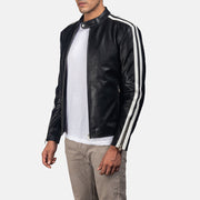 
Black & White Cowhide Leather Biker Jacket - عرض خلفي يوضح تفصيل الأكتاف المتقن والحاشية النظيفة