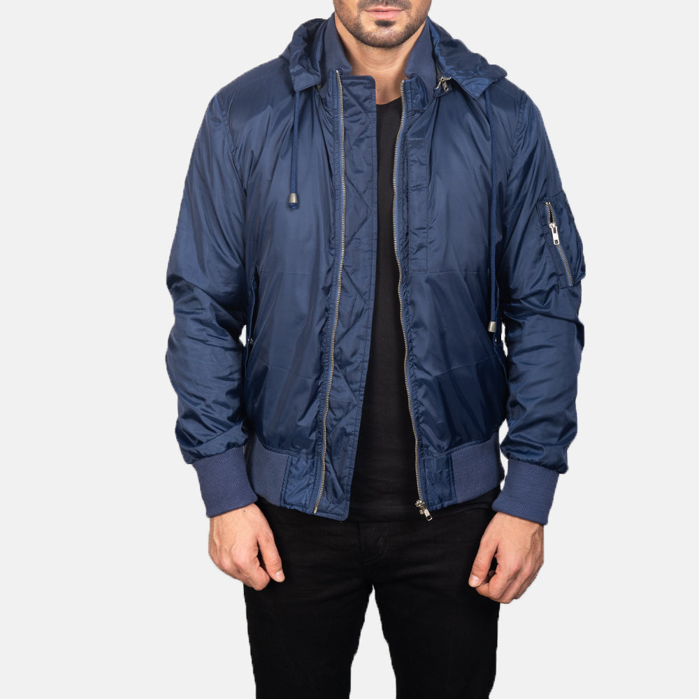 
Blue Hooded Bomber Jacket in Blue Nylon - عرض أمامي وقَصّة مفصلة أنيقة | شراء أونلاين عبر المتجر الرسمي