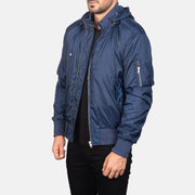 
Blue Nylon Bomber Jacket - عرض خلفي يوضح تفصيل الأكتاف المتقن والحاشية النظيفة