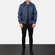 
Blue Hooded Bomber Jacket - عرض جانبي يوضح قَصّة الأكمام المريحة